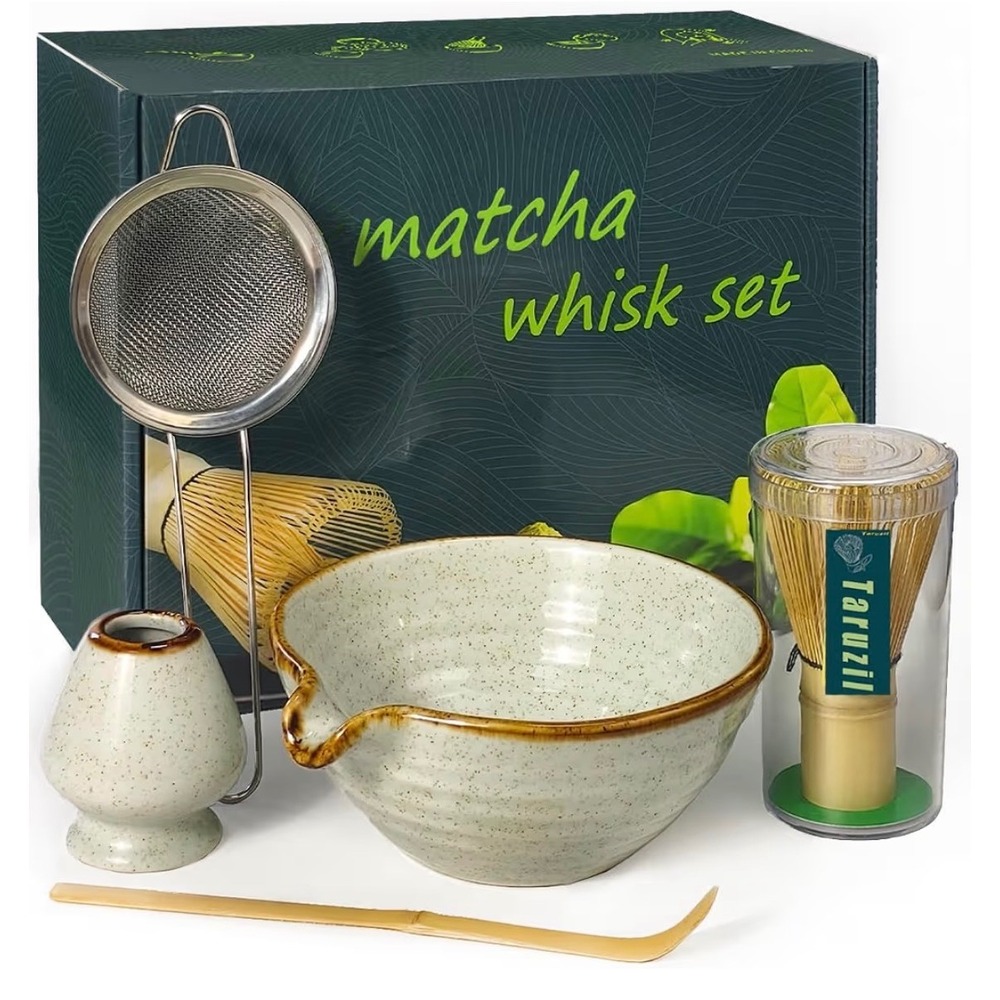 Trauzil Matcha Whisk Set 5-Piece Ceramic Bowl Bamboo Whisk Scoop Sifter Green